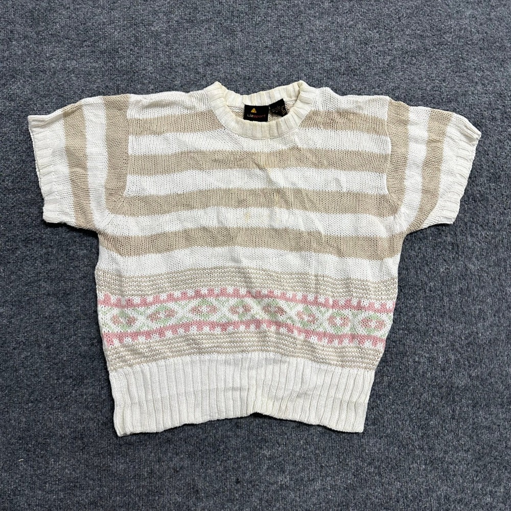 Lizsport Sweater Womens Large Cream Tan Striped Fair Isle Short Sleeve Ramie